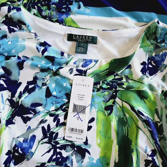 Lauren Ralph Lauren Blue Green White Summer Floral Sleeveless Ruched Dress Sz 10 - Picture 7 of 9